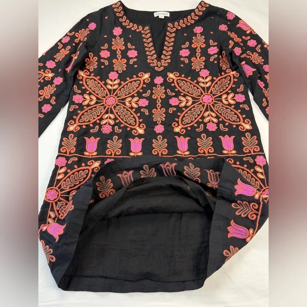Roller Rabbit Black Pink Embroidered Boho Mini Dress Tunic Shift Dress XS - Picture 10 of 12
